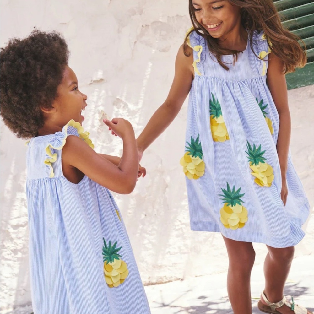 Mini Boden Blue and White Striped Dress with pineapples, Yellow Trim Easter